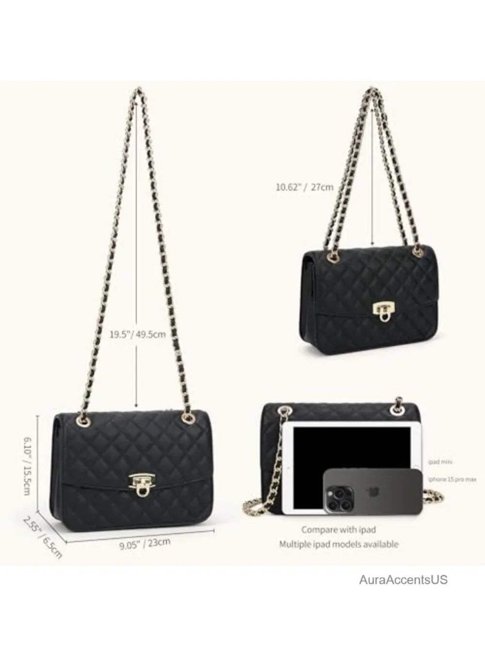 Quilted Vegan Leather Crossbody Bag with Chain Strap Shoulder Purse
